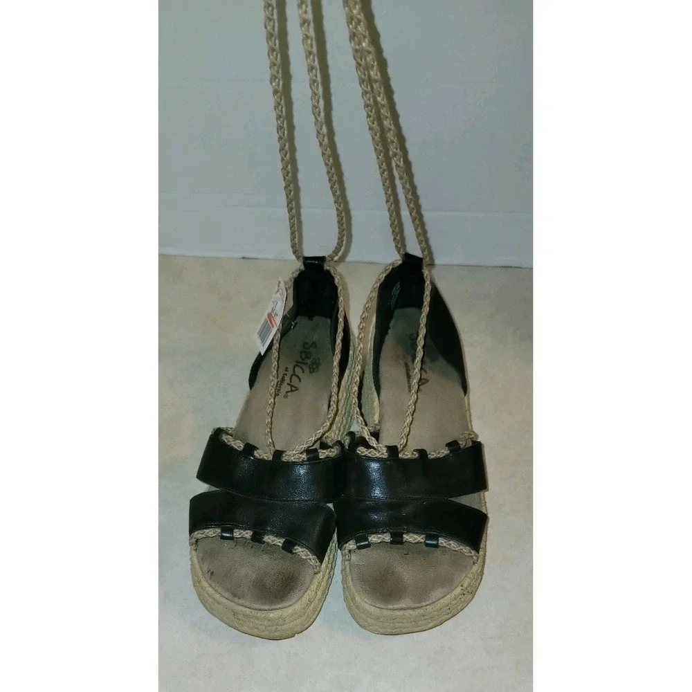 Sbicca Espadrille Womens 9M Black Round Toe Laced Up Wedge Heel Casual Suede‎